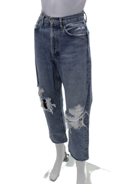 Agolde Womens Medium Wash Distress Ripped Straight Leg Jeans Blue Size 24