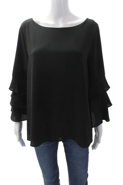 Calvin Klein Womens Ruffled Long Sleeve Round Neck Pullover Blouse Black Size L