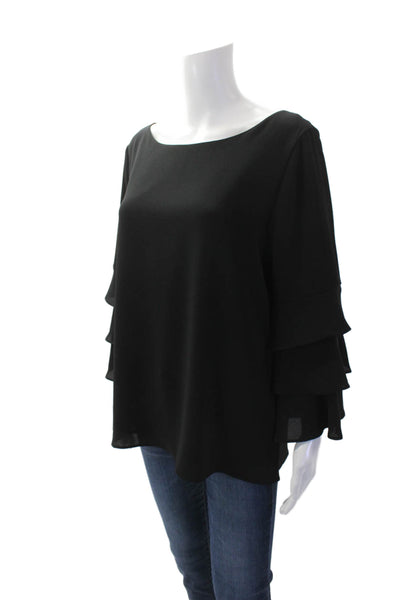 Calvin Klein Womens Ruffled Long Sleeve Round Neck Pullover Blouse Black Size L