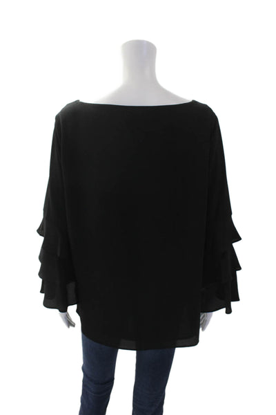 Calvin Klein Womens Ruffled Long Sleeve Round Neck Pullover Blouse Black Size L