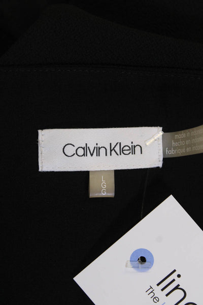 Calvin Klein Womens Ruffled Long Sleeve Round Neck Pullover Blouse Black Size L