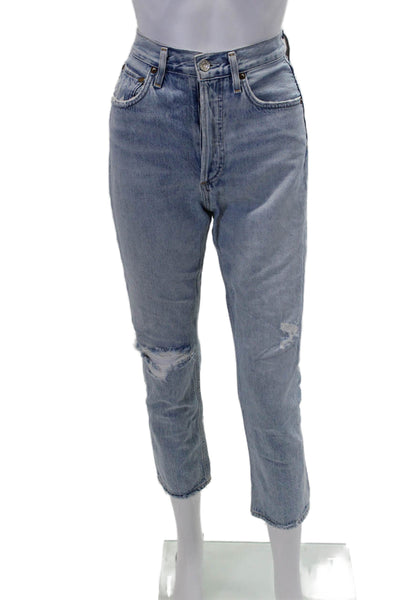 Agolde Womens Distress Fly Button High Rise Straight Leg Jeans Blue Size 24