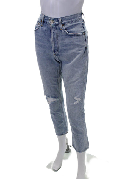 Agolde Womens Distress Fly Button High Rise Straight Leg Jeans Blue Size 24