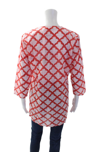 Roller Rabbit Womens Cotton Long Sleeve V-neck Printed Blouse Red Size M