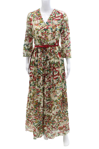 Christian Dior Womens 3/4 Sleeve V Neck Floral Belted Midi Dress White Multi 2