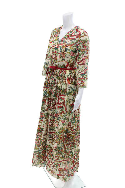 Christian Dior Womens 3/4 Sleeve V Neck Floral Belted Midi Dress White Multi 2