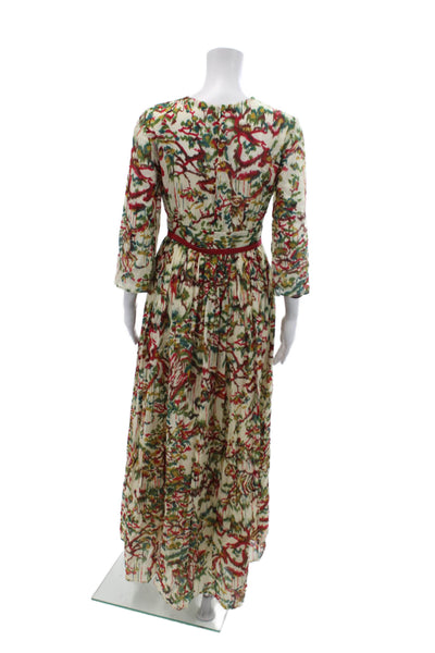 Christian Dior Womens 3/4 Sleeve V Neck Floral Belted Midi Dress White Multi 2