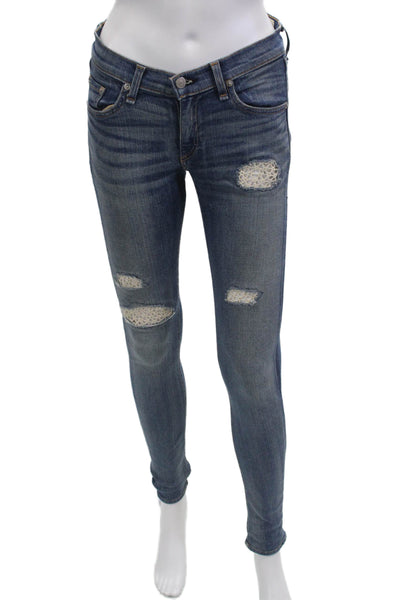 Rag & Bone Womens Cotton Distress Knit Medium Wash Skinny Jeans Blue Size EUR 28