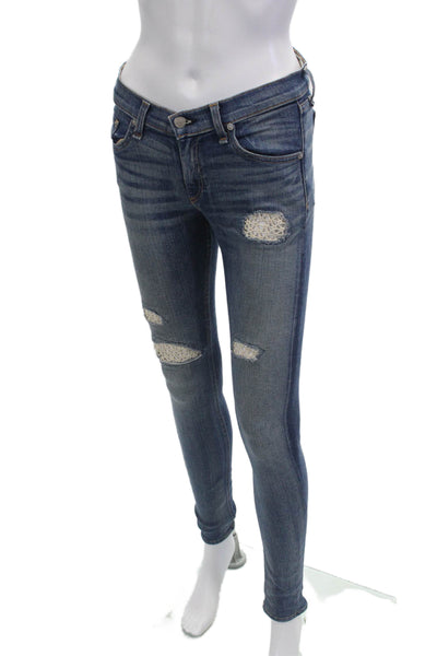 Rag & Bone Womens Cotton Distress Knit Medium Wash Skinny Jeans Blue Size EUR 28