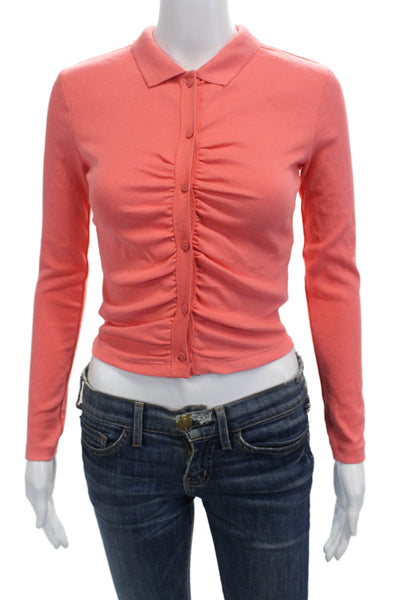 Zara Womens Cotton Collared Ruched Long Sleeve Buttoned-Down Blouse Pink Size S