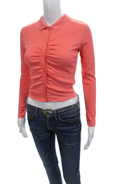 Zara Womens Cotton Collared Ruched Long Sleeve Buttoned-Down Blouse Pink Size S