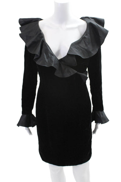 Roland Nivelais Vintage Womens Velvet Ruffled V Neck Dress Black Size 6