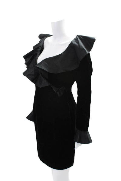 Roland Nivelais Vintage Womens Velvet Ruffled V Neck Dress Black Size 6