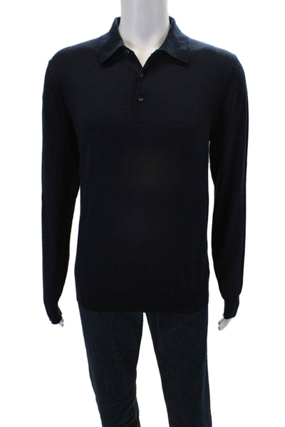 MNG Womens Merino Wool Collar Long Sleeve Polo Sweater Top Navy Size L