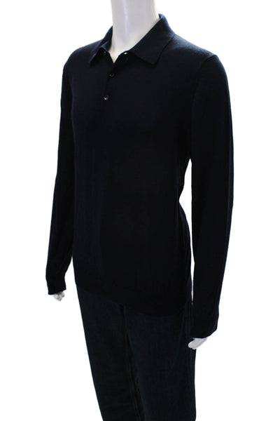 MNG Womens Merino Wool Collar Long Sleeve Polo Sweater Top Navy Size L