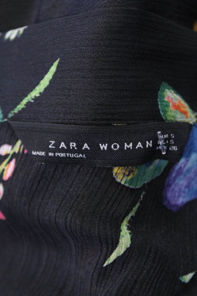 Zara Woman Long Sleeve Floral Tie Front Blouse Black Size S