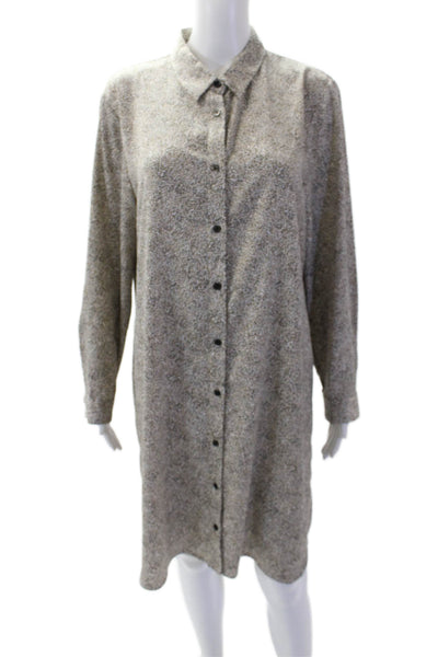 Halston Womens Abstract Print Collared Button Down Mini Shirt Dress Beige Size L