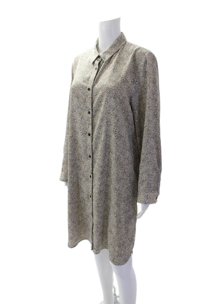 Halston Womens Abstract Print Collared Button Down Mini Shirt Dress Beige Size L