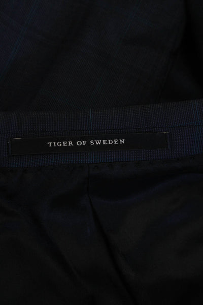 Tiger of Sweden Mens Two Button Notched Lapel Plaid Blazer Jacket Navy IT 44