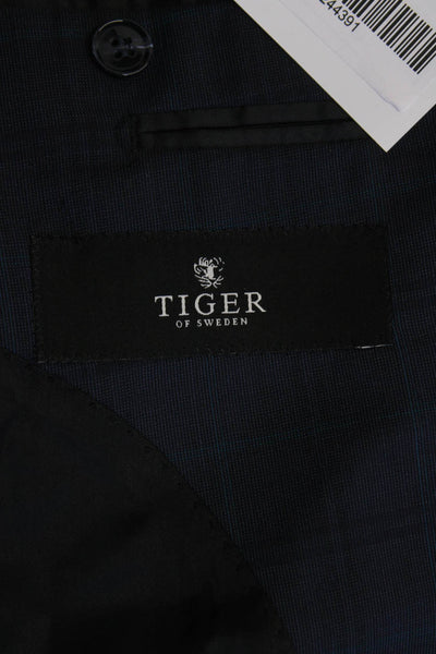 Tiger of Sweden Mens Two Button Notched Lapel Plaid Blazer Jacket Navy IT 44