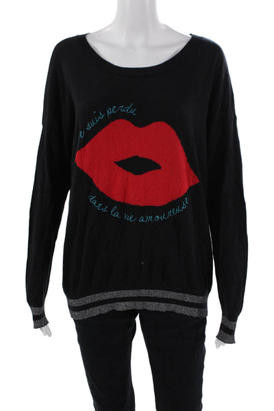 Chaser Womens Long Sleeves Lipstick Graphic Sweater Black Cotton Size Small