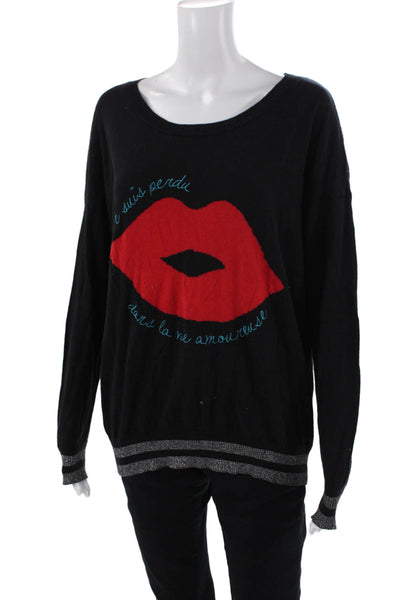 Chaser Womens Long Sleeves Lipstick Graphic Sweater Black Cotton Size Small