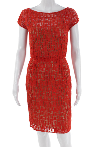 Lela Rose Womens Back Zip Sleeveless Scoop Neck Open Knit Dress Red Size 0