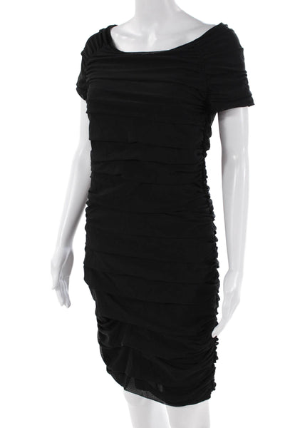 Love Moschino Womens Short Sleeve Boat Neck Ruched Mesh Mini Dress Black Size 8