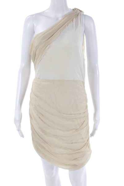 Alice + Olivia Womens One Shoulder Knit Trim Ruched Sheath Dress Beige Large