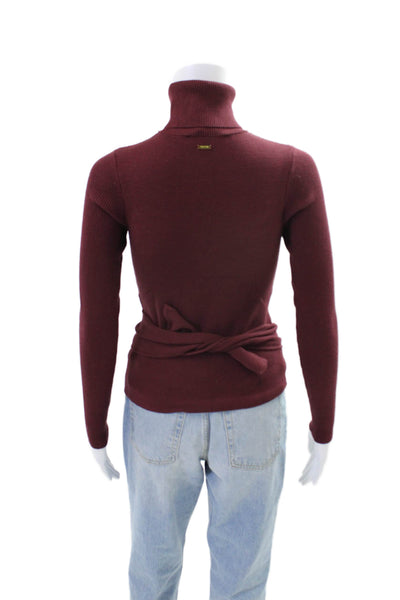 Toccin Womens Knitted Long Sleeve Turtleneck Waist Tied Sweater Red Size XS