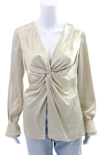 Toccin Womens V-Neck Long Sleeve Twisted Detail Satin Blouse Beige Size XS