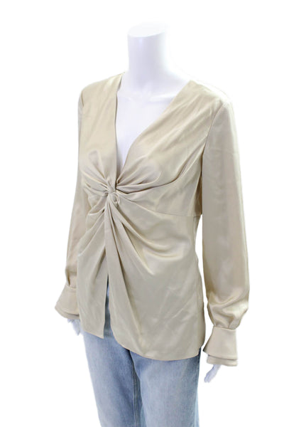 Toccin Womens V-Neck Long Sleeve Twisted Detail Satin Blouse Beige Size XS