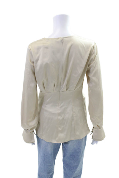 Toccin Womens V-Neck Long Sleeve Twisted Detail Satin Blouse Beige Size XS