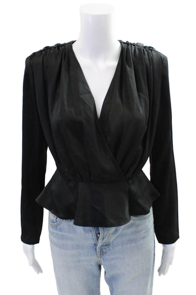 Toccin Womens Satin Gathered Shoulder Long Sleeve Blouse Black Size 2