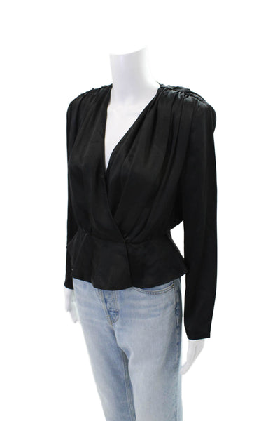 Toccin Womens Satin Gathered Shoulder Long Sleeve Blouse Black Size 2