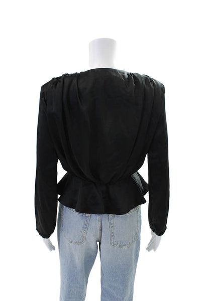 Toccin Womens Satin Gathered Shoulder Long Sleeve Blouse Black Size 2
