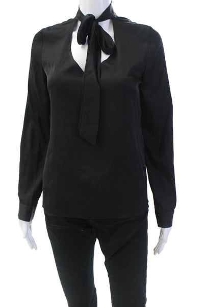 Elie Tahari Womens Silk Tie V-neck Long Sleeve Blouse Top Black Size XS