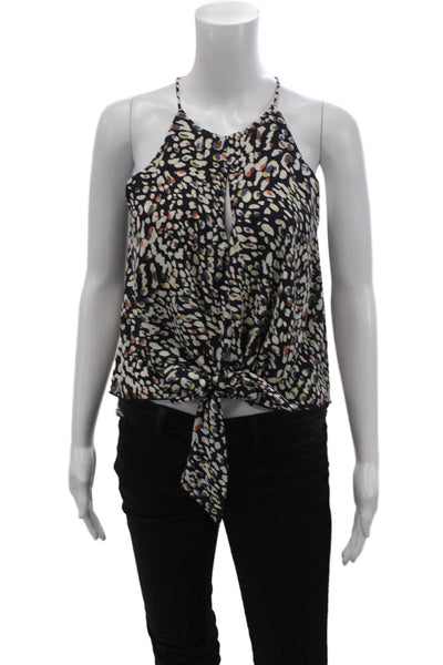 Tyche Womens Printed Tie Front Cut Out Front Sleeveless Blouse Top Navy Size S