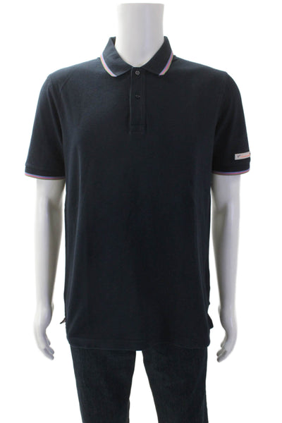 Scotch & Soda Mens Cotton Striped Print Hem Collared Polo Top Navy Size L