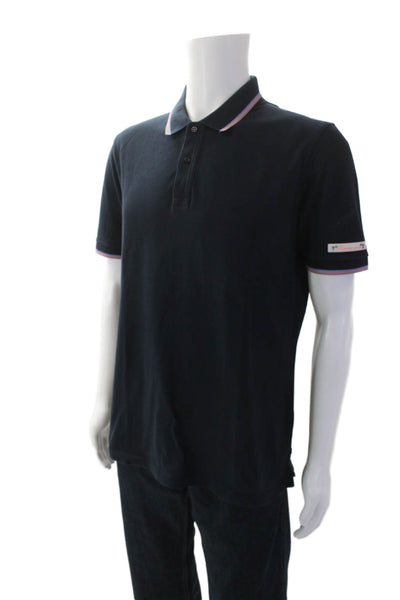 Scotch & Soda Mens Cotton Striped Print Hem Collared Polo Top Navy Size L