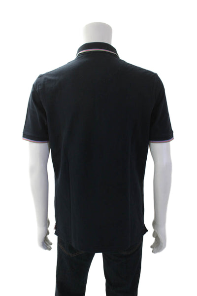 Scotch & Soda Mens Cotton Striped Print Hem Collared Polo Top Navy Size L