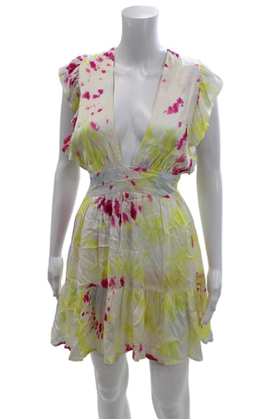 Stillwater Womens Tie Dye V-Neck Ruffle Sleeveless Dress Yellow Multi Size XS
