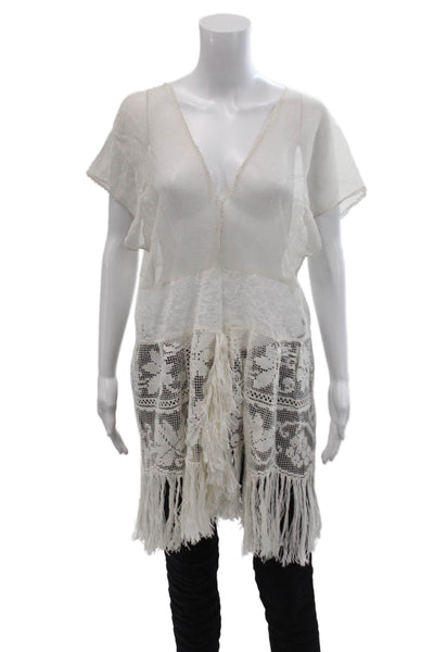 Place Nationale Womens Woven Lace Fringe Trim Sleeveless Top White Size L