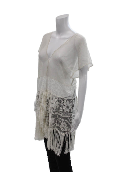 Place Nationale Womens Woven Lace Fringe Trim Sleeveless Top White Size L