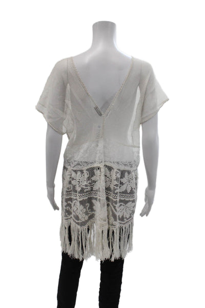 Place Nationale Womens Woven Lace Fringe Trim Sleeveless Top White Size L