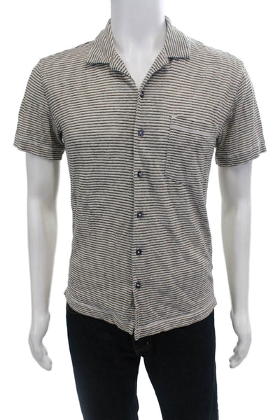 Banana Republic Mens Button Front Collared Striped Linen Shirt White Brown Small