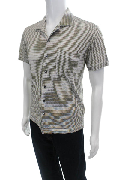 Banana Republic Mens Button Front Collared Striped Linen Shirt White Brown Small
