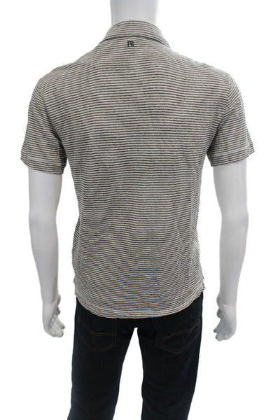 Banana Republic Mens Button Front Collared Striped Linen Shirt White Brown Small