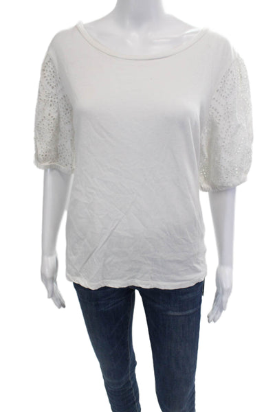 philosophy Womens Eyelet Short Sleeves Tee Shirt White Cotton Size Small