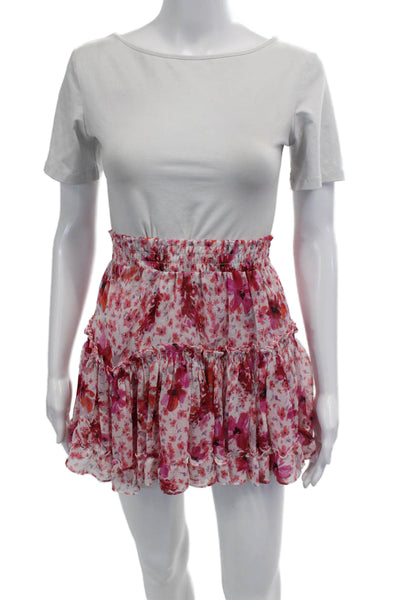 Misa Womens Elastic Waistband Floral A Line Skirt White Pink Size Extra Small